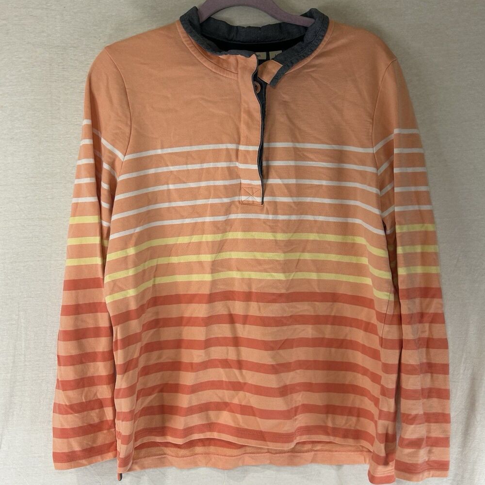 LL Bean Women's Large 1/4 Button Coral Striped Rugby Pullover Preppy Long Sleeve